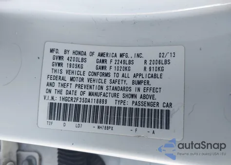 2013 Honda Accord Lx из США, поврежденный, VIN 1HGCR2F35DA118899